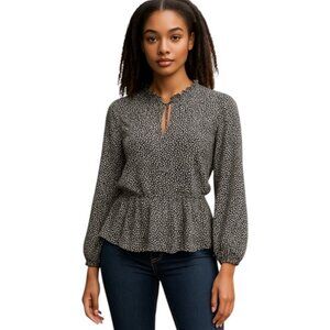 Loft Black Ditsy Floral Long Sleeve Neck Tie V Neck Ruffle Neck Peplum Blouse